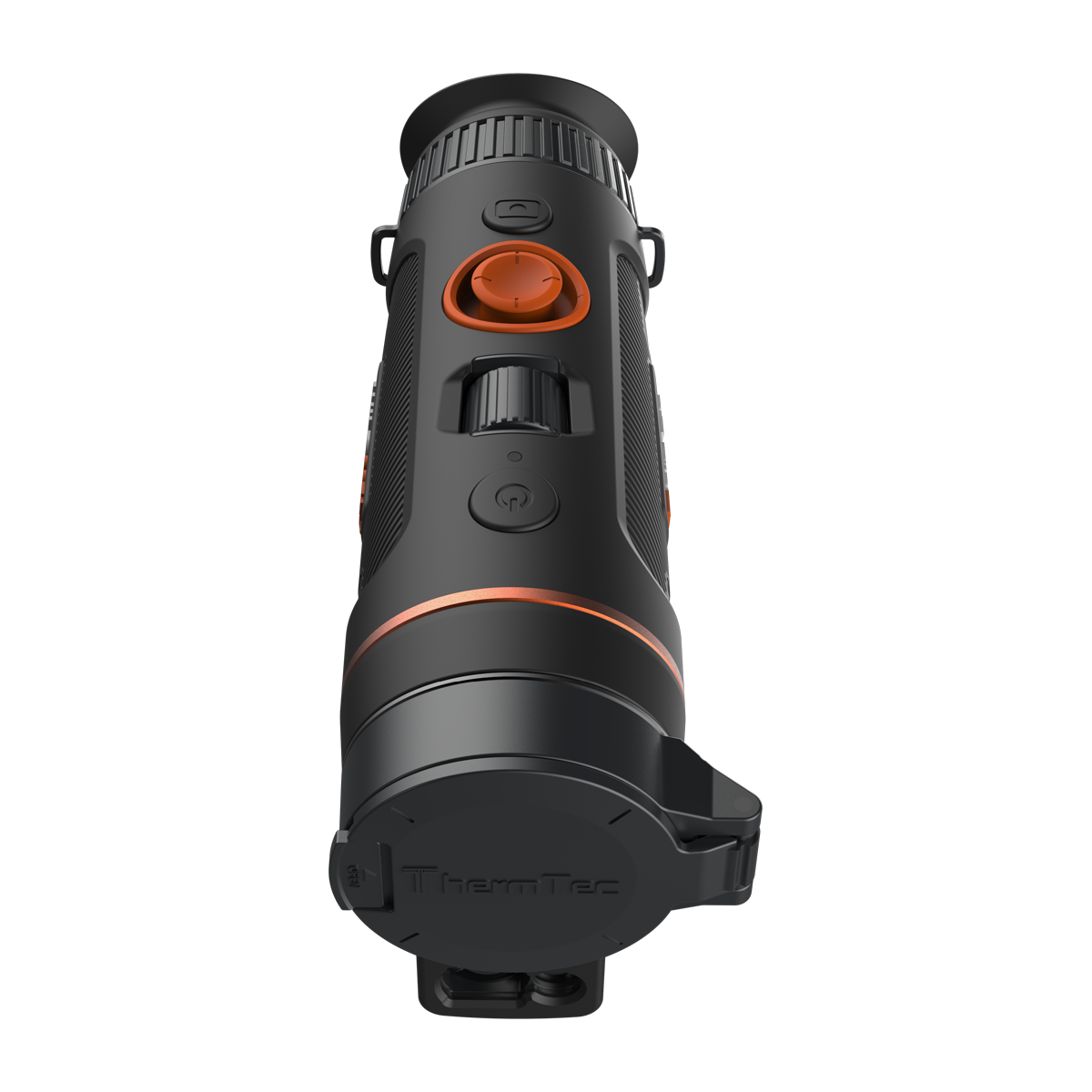 ThermTec Wild 335L thermal monocular, top view from the eyepiece end with lens cap closed