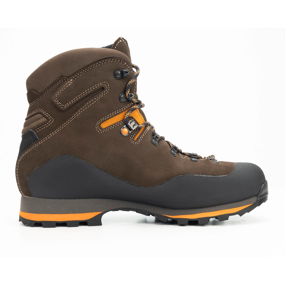 Zamberlan 968 Target GTX RR men's hunting boot in dark brown and orange, inner side profile with orange lace locks