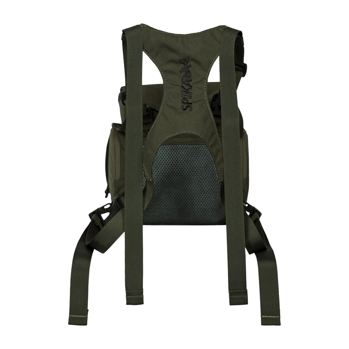 Spika Drover II bino pack in Olive Summit, rear view showing harness straps and mesh back panel