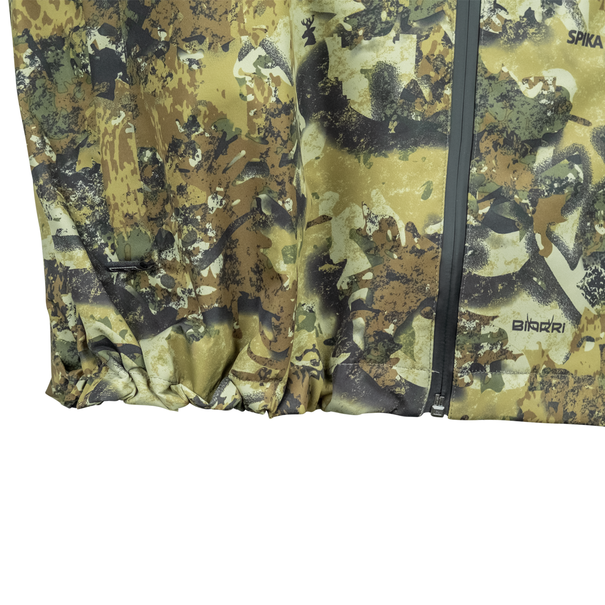 Spika Scout men's jacket in Biarri Camo, close-up of the gathered drawcord hem and front zip