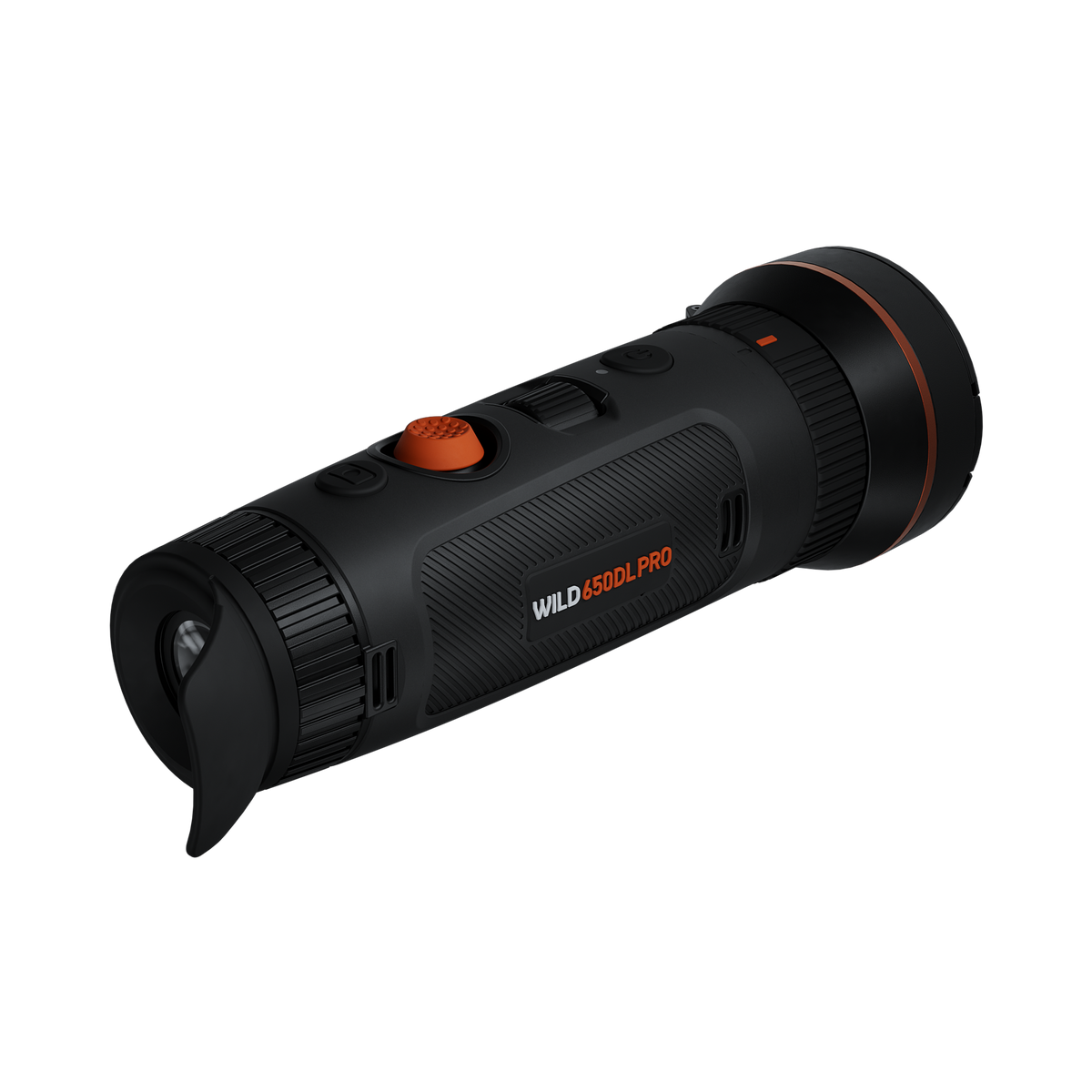 ThermTec Wild 650DL Pro thermal monocular, rear three-quarter view with eyecup and Wild 650DL Pro badge