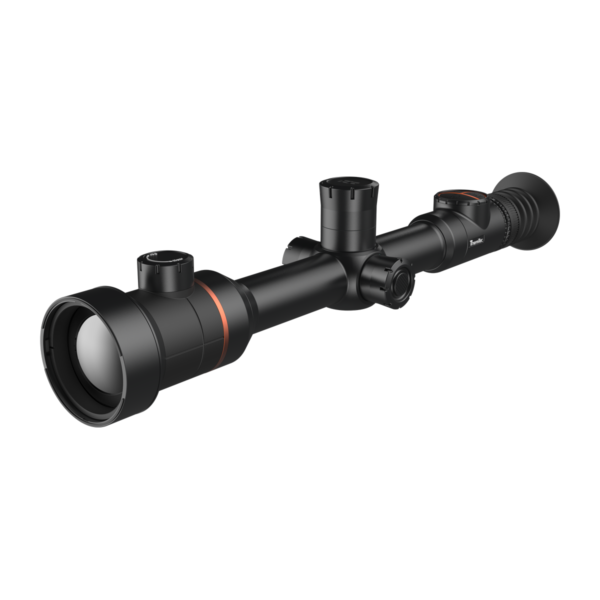 ThermTec Ares 650 2.0 thermal tube scope in black, low front three-quarter view of objective lens