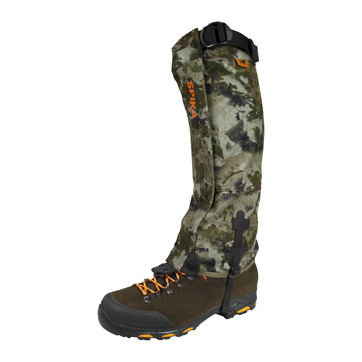 Spika Ranger adult gaiter in Biarri Camo on a hiking boot, front three-quarter view
