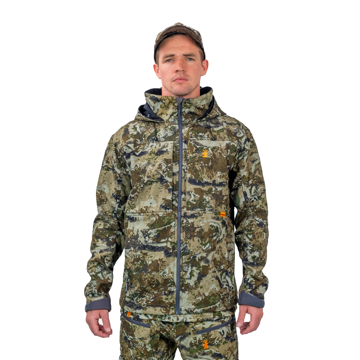 Man wearing the Spika Highpoint men's shell jacket in Biarri Camo, front view zipped up