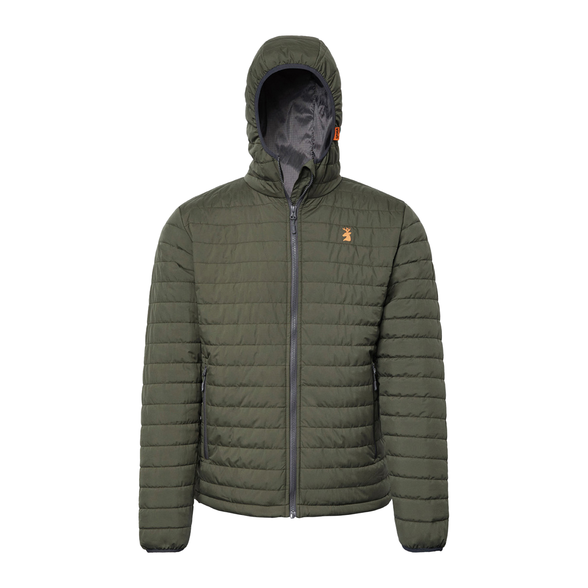 Spika Chase men's hooded puffer jacket in Olive with quilted body and orange chest logo, front view