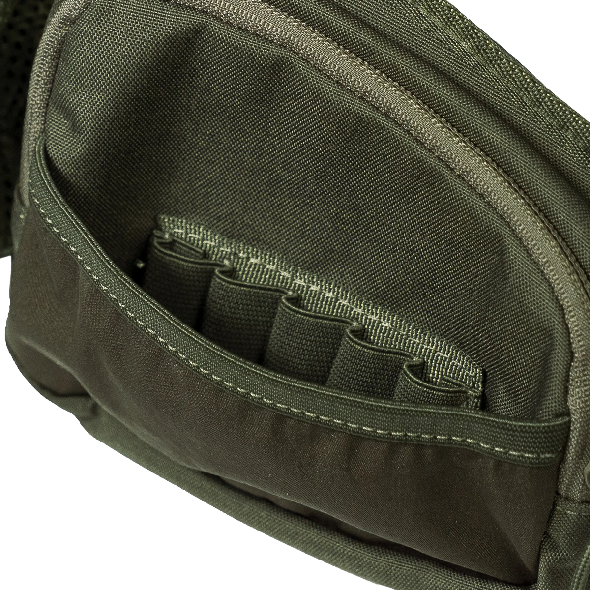 Spika Drover II Waist Pack in Olive Summit, close-up of open zip pocket with elastic cartridge loops