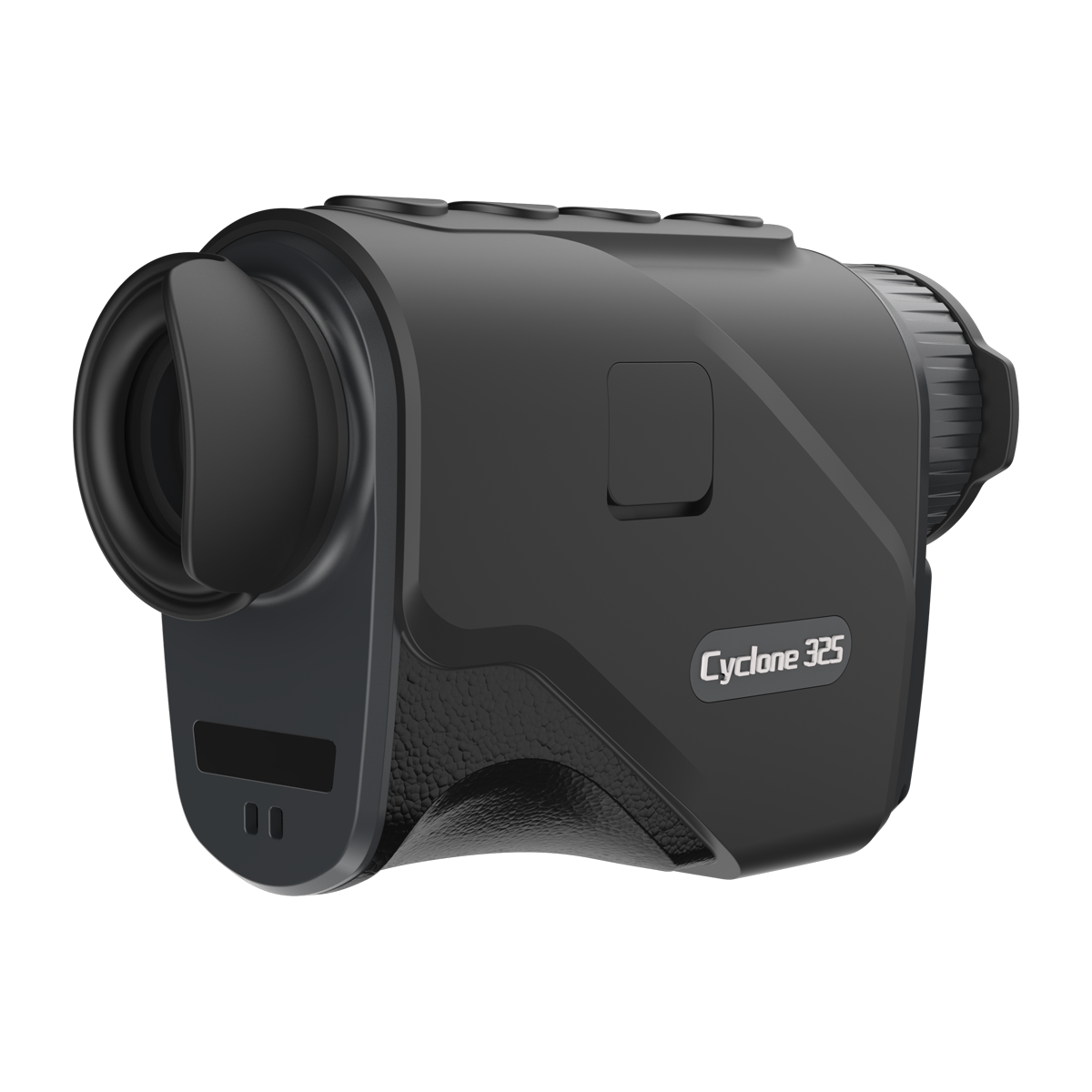 ThermTec Cyclone 325 thermal monocular, rear three-quarter view of eyecup and model label
