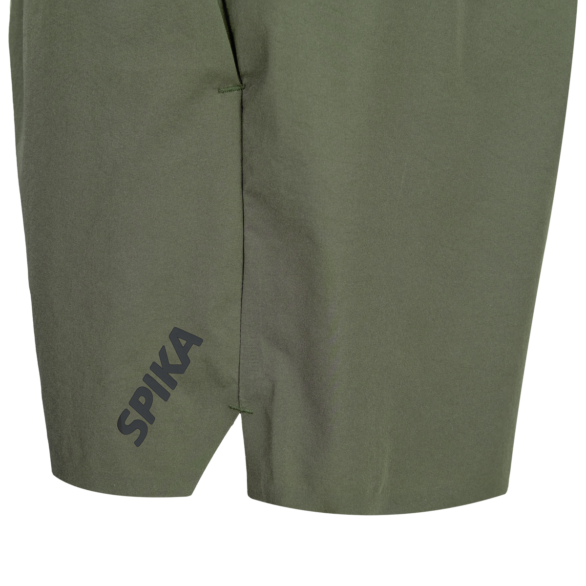Close-up of the split hem and SPIKA leg print on Spika GO Arid men's olive quick dry shorts