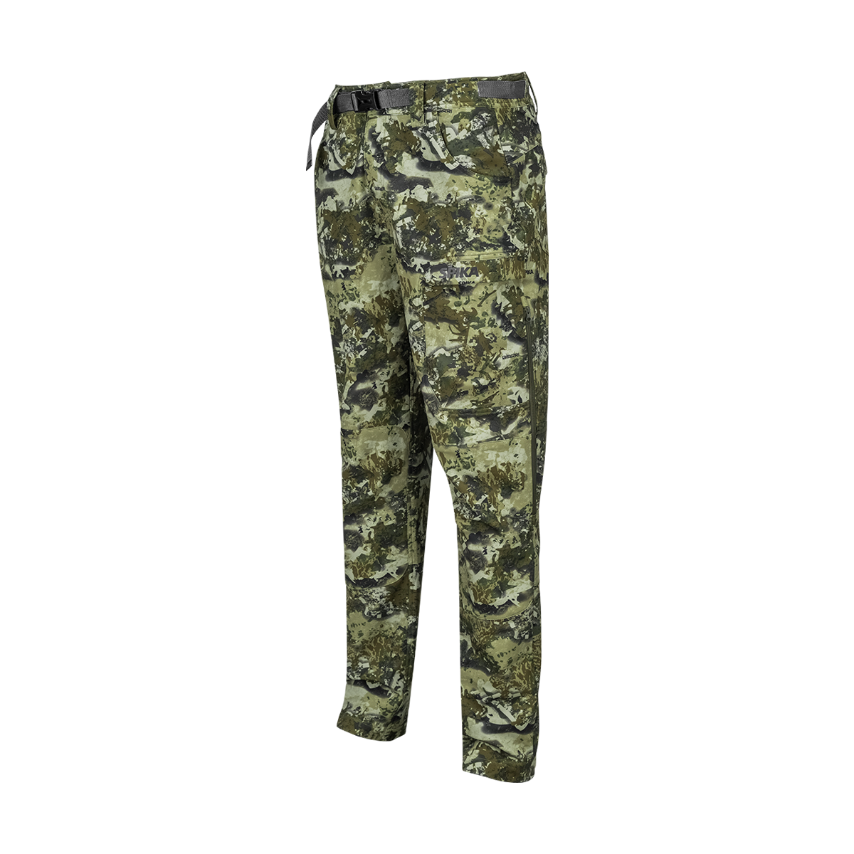 Spika Recon men's hunting pants in Biarri Camo, three-quarter side view with belt