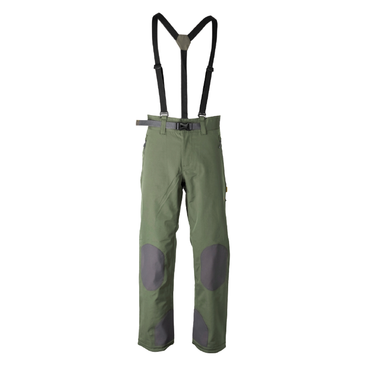 Spika Frontier men's Olive pants with adjustable braces and grey knee patches, front view