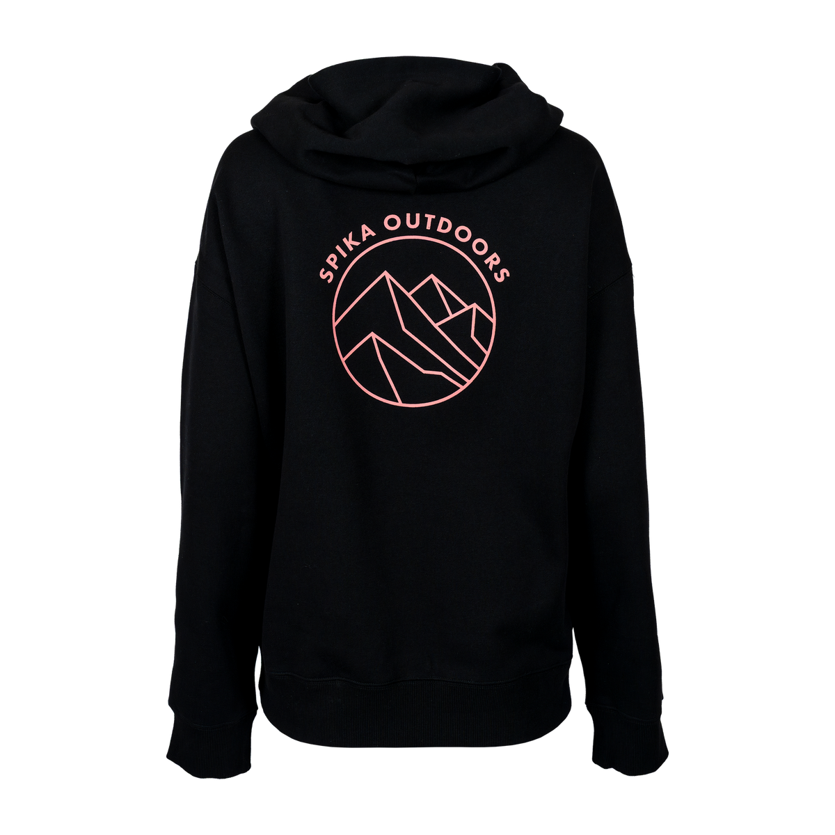 Spika GO Contour women's hoodie in black, back view with pink Spika Outdoors mountain circle print