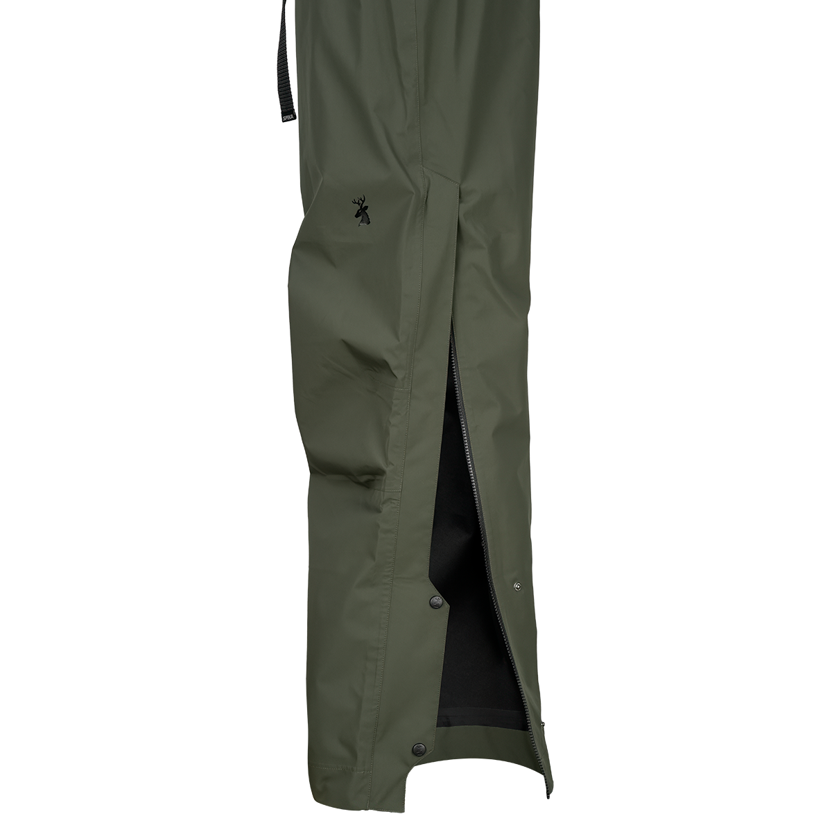 Spika Edge men's Olive pants close-up of the side leg zip opened at the ankle with snap closure