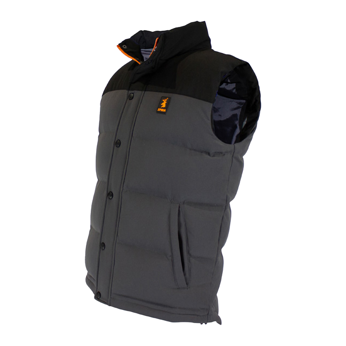 Spika GO Casual men's grey puffer vest, three-quarter view showing black shoulders and hand pocket