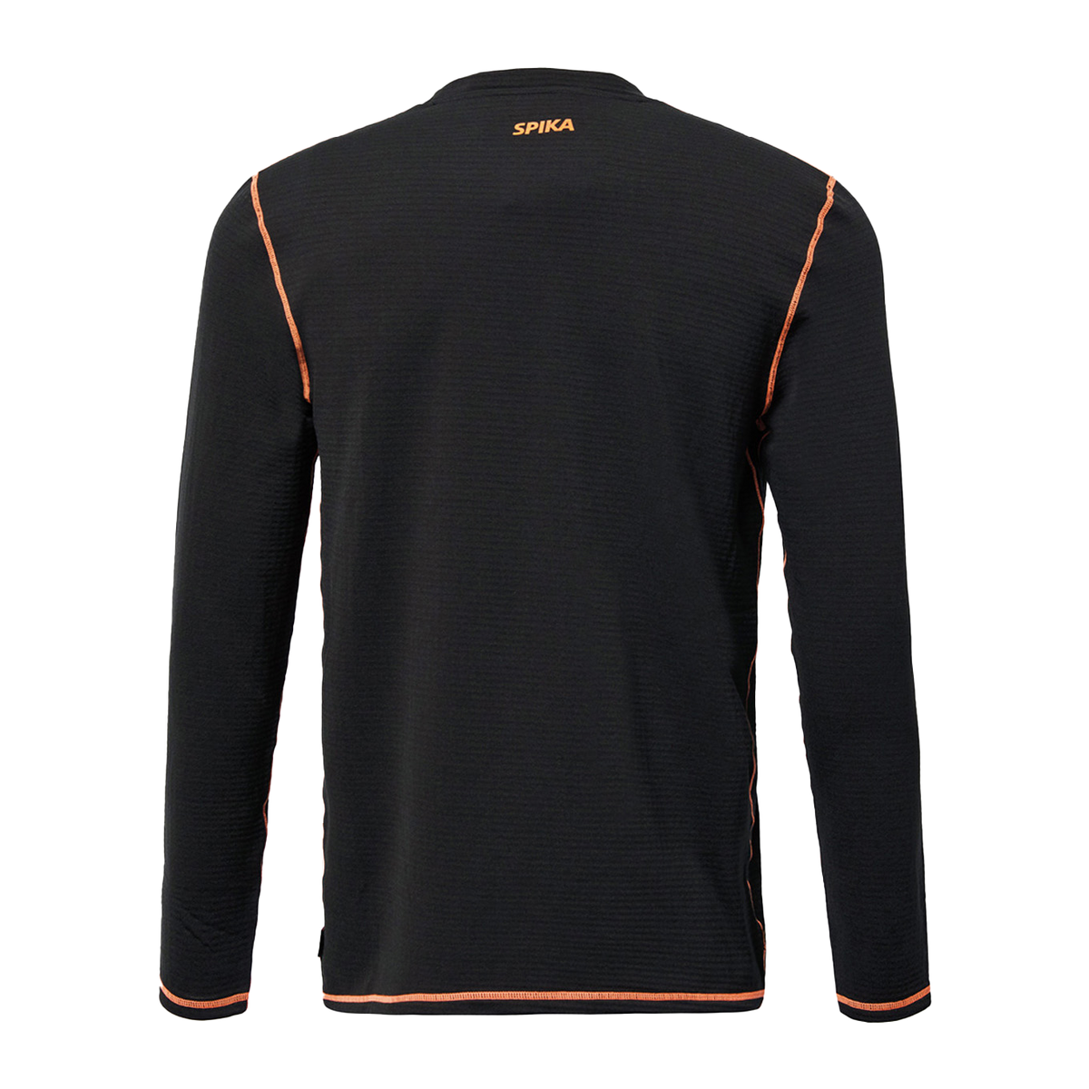 Spika ThermaFlow men's thermal top in Black, back view with orange Spika logo below the neck