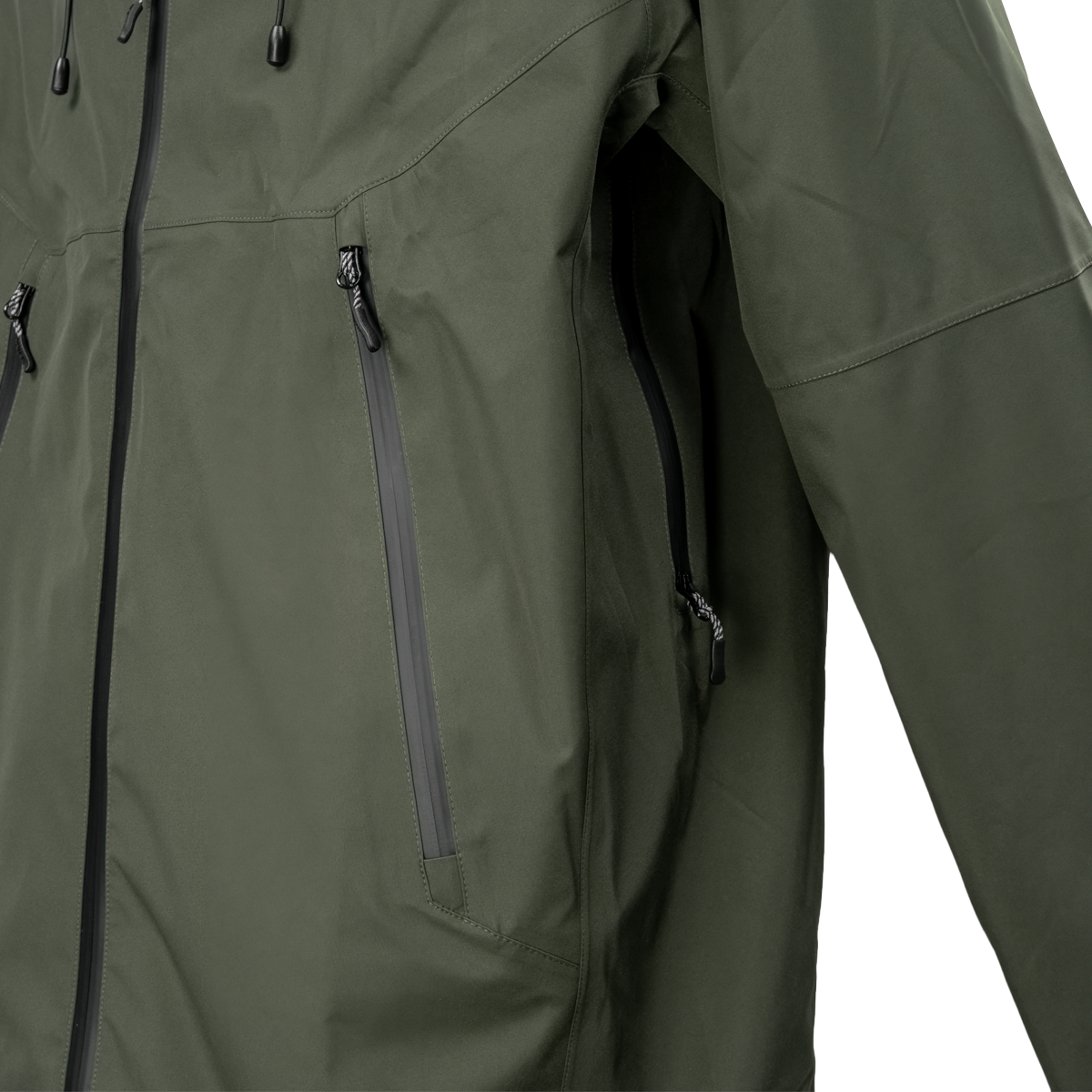 Spika Edge men's Olive jacket close-up of the waterproof front zip, chest pocket and pit zip