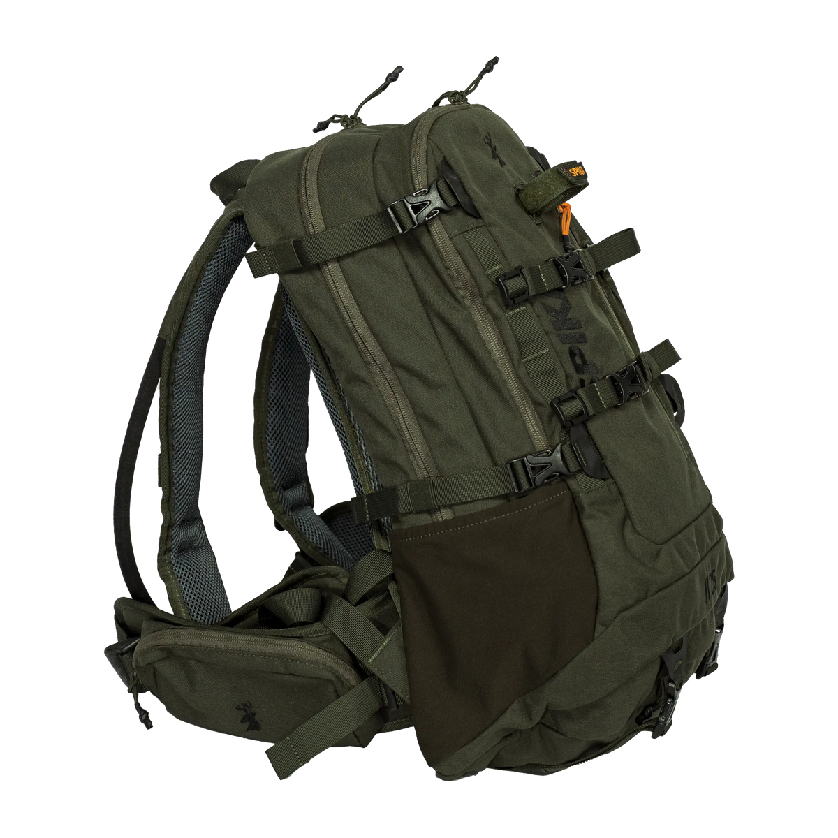 Spika Drover II Pro Pack 25L in Olive Summit, side view with mesh pocket, compression straps and hip belt