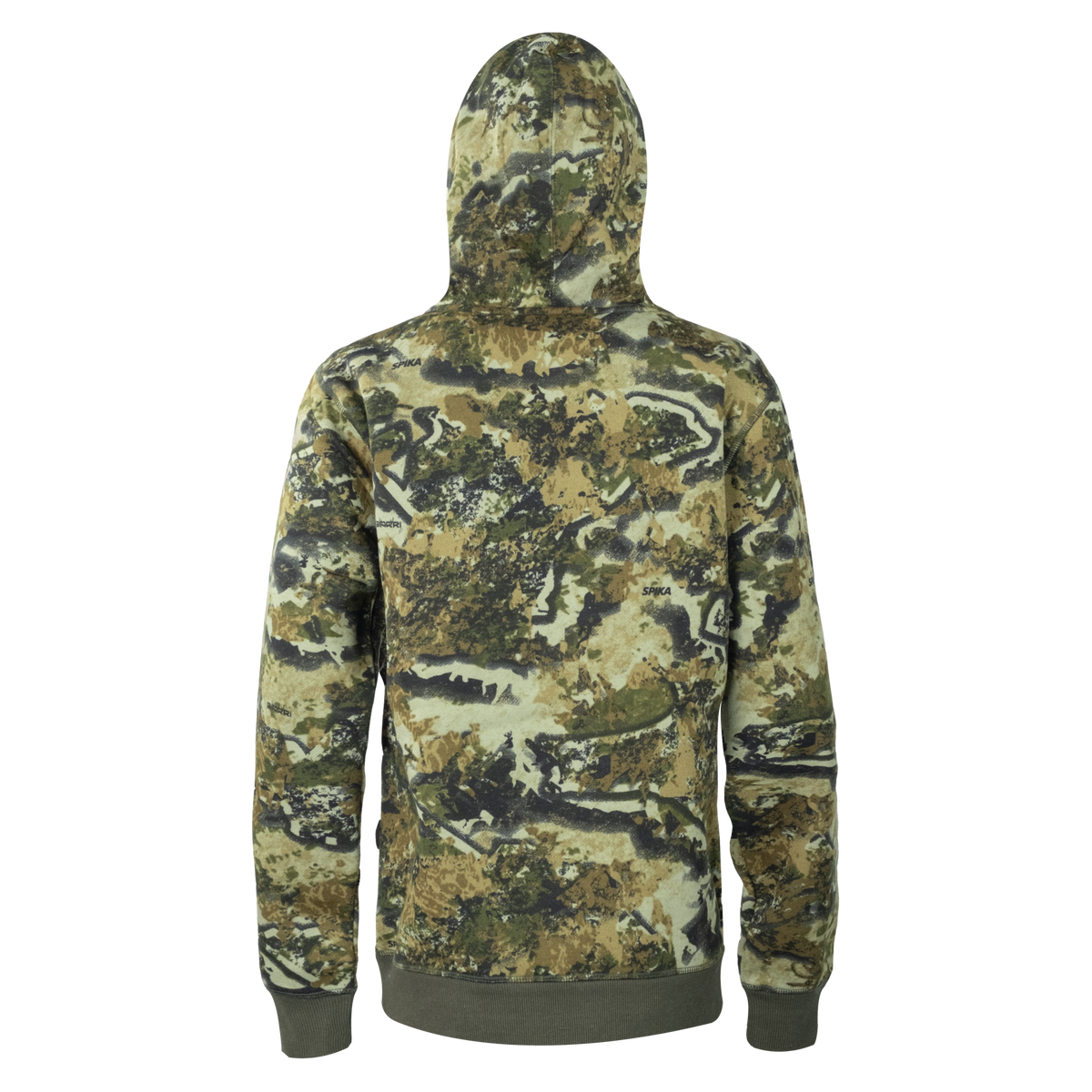 Spika GO Classic V2 women's hoodie in Biarri Camo with mint logo, back view of camo hood and body