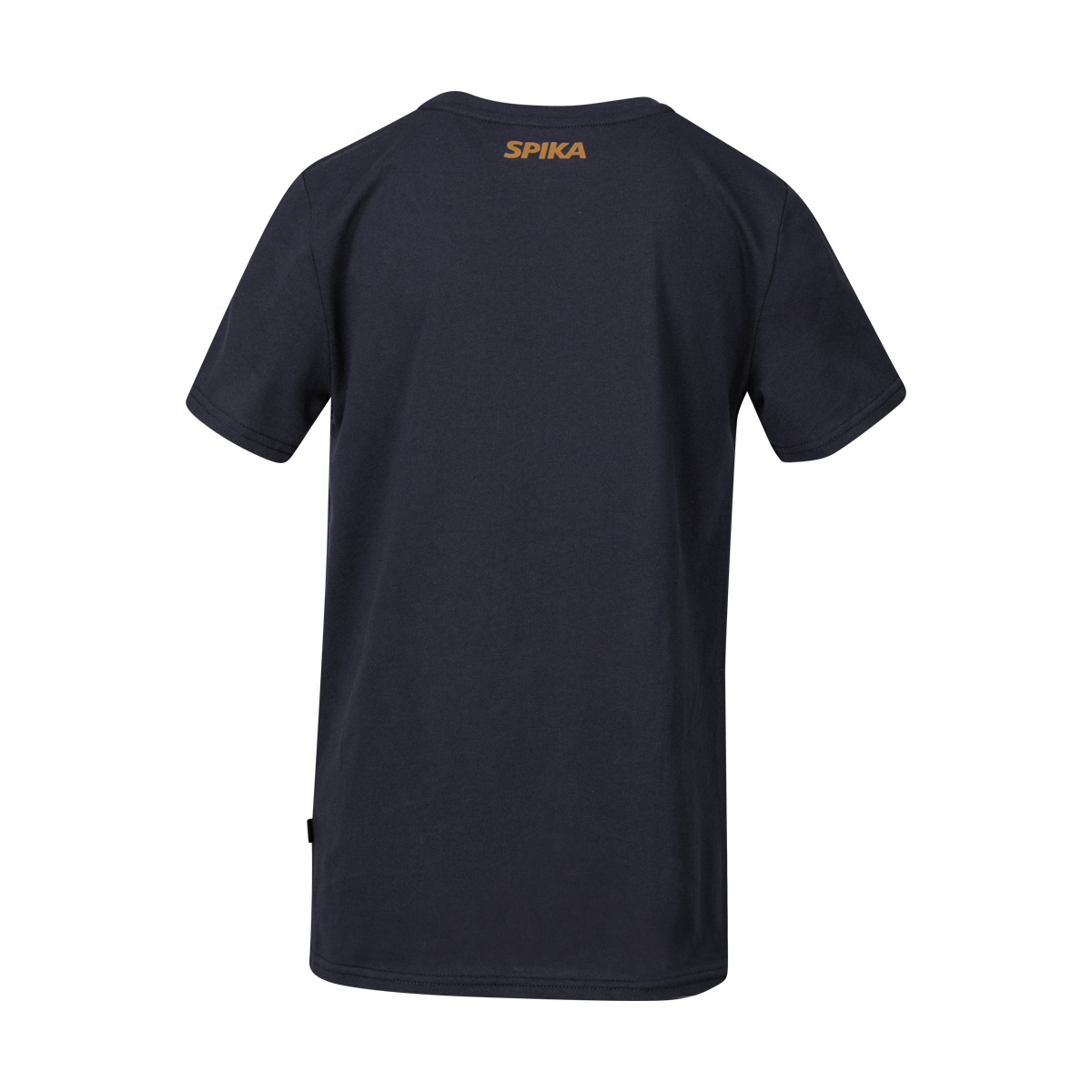 Spika GO Seeker kids' T-shirt in navy, back view with small orange SPIKA logo below the neck
