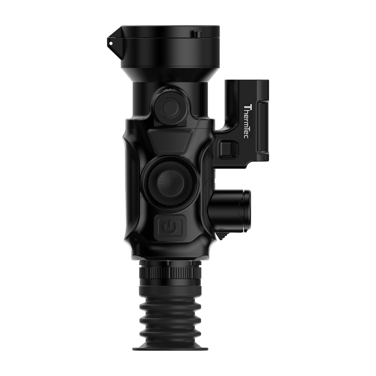 ThermTec Vidar-LRF 650L 2.0 thermal compact scope, top-down view with lens cap, controls and rangefinder