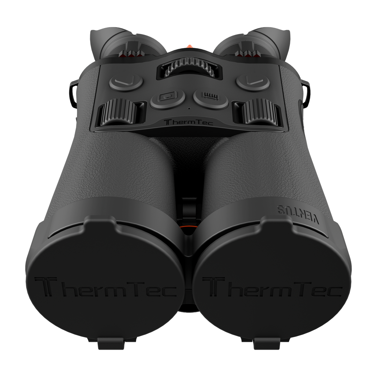 ThermTec Ventus 335L multi-spectrum binoculars, top view of control buttons with ThermTec lens caps