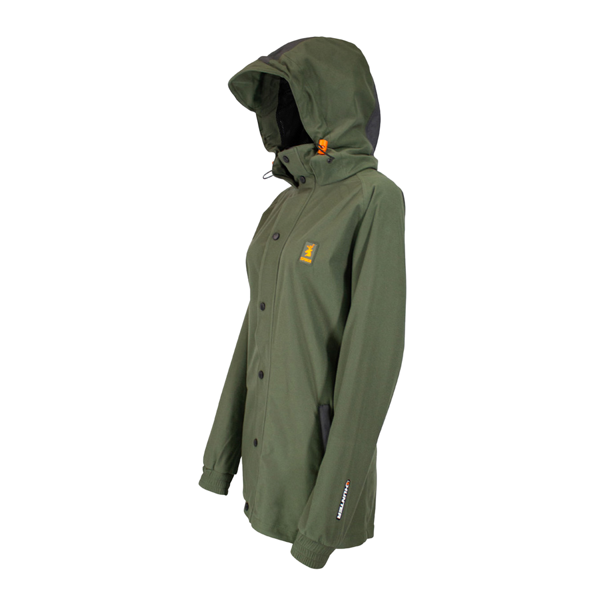 Spika Valley women's hunting jacket in Olive, three-quarter side view with adjustable hood