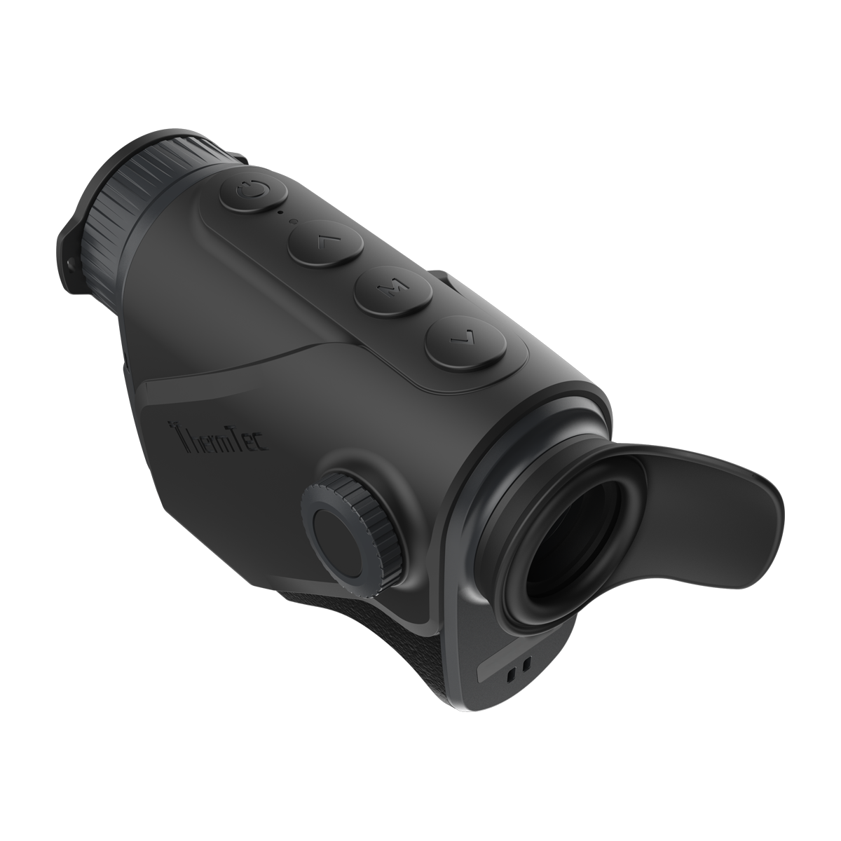 ThermTec Cyclone 325 thermal monocular, elevated rear view of buttons, eyecup and focus dial
