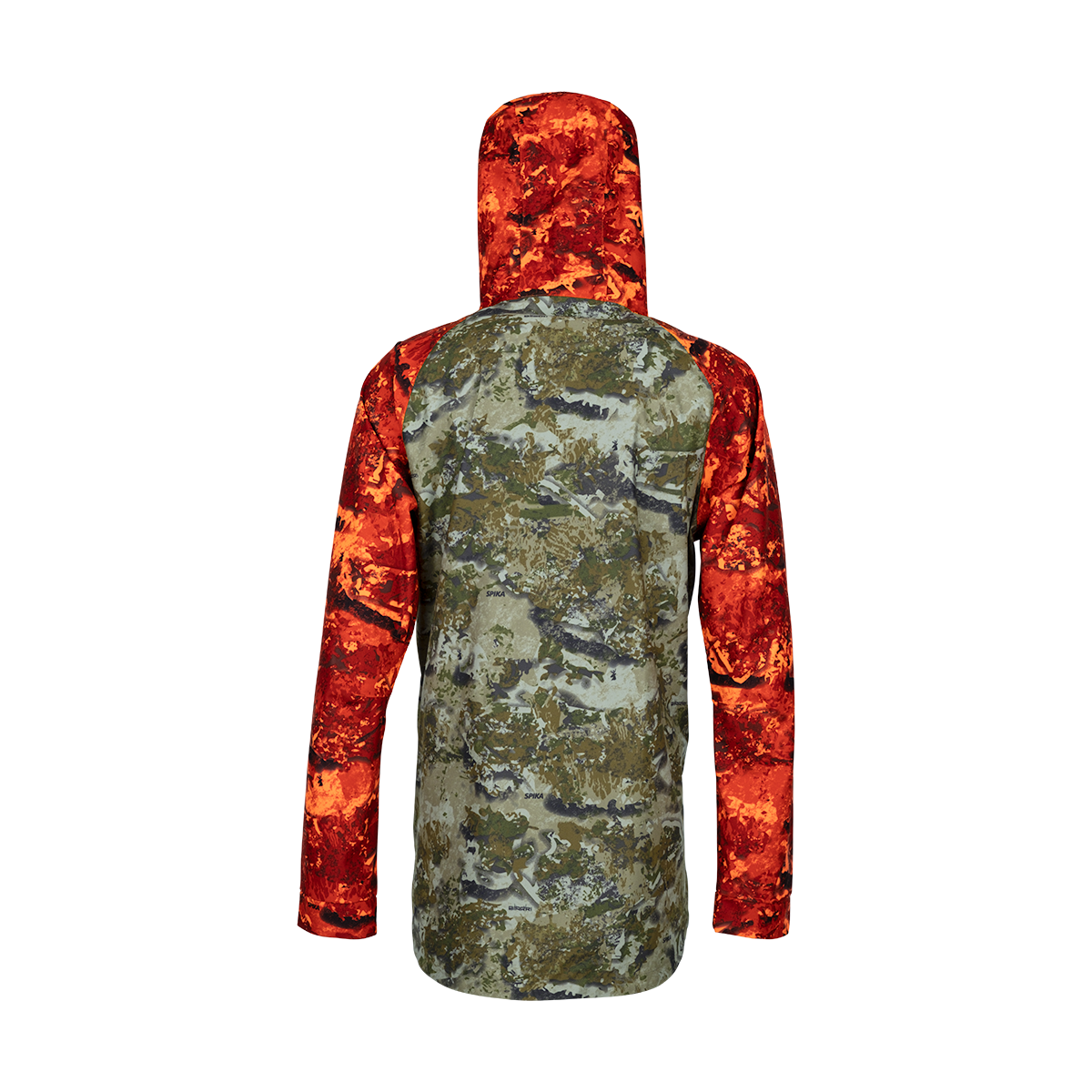 Spika Valley men's hunting jacket in Biarri Camo/Blaze, back view with blaze hood and sleeves