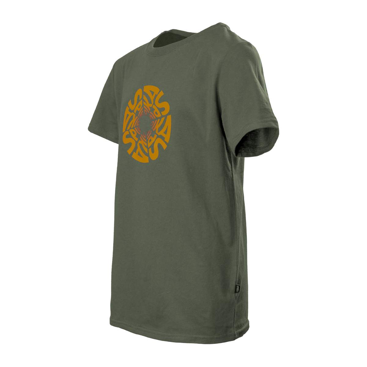 Spika GO Seeker kids' t-shirt in Olive, side three-quarter view of the orange chest graphic