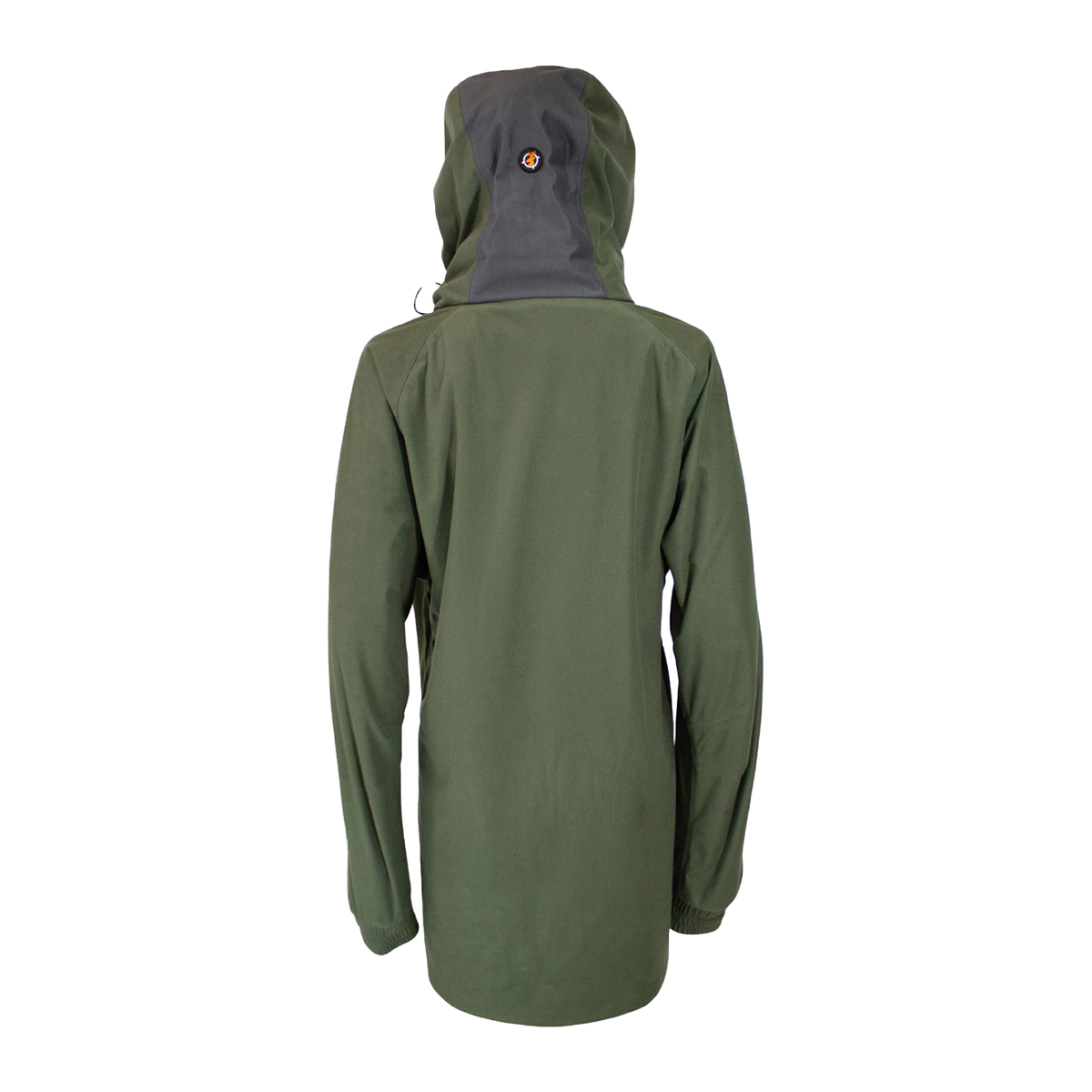 Spika Valley women's hunting jacket in Olive, back view showing grey and olive hood