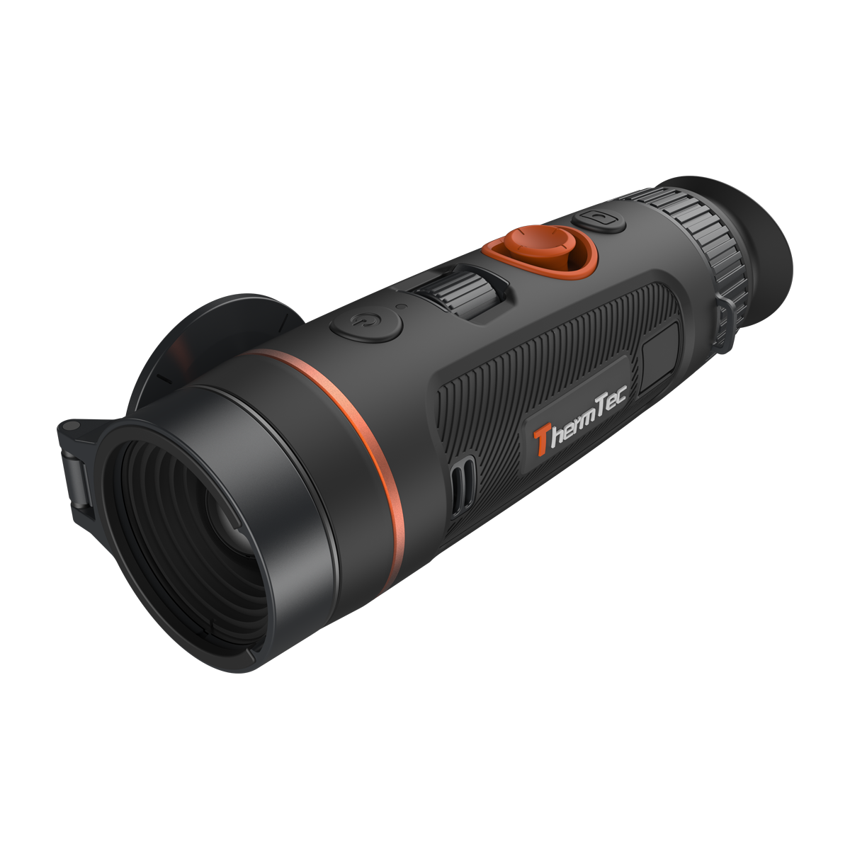 ThermTec Wild 325 thermal monocular, front three-quarter view of open lens and ThermTec logo side