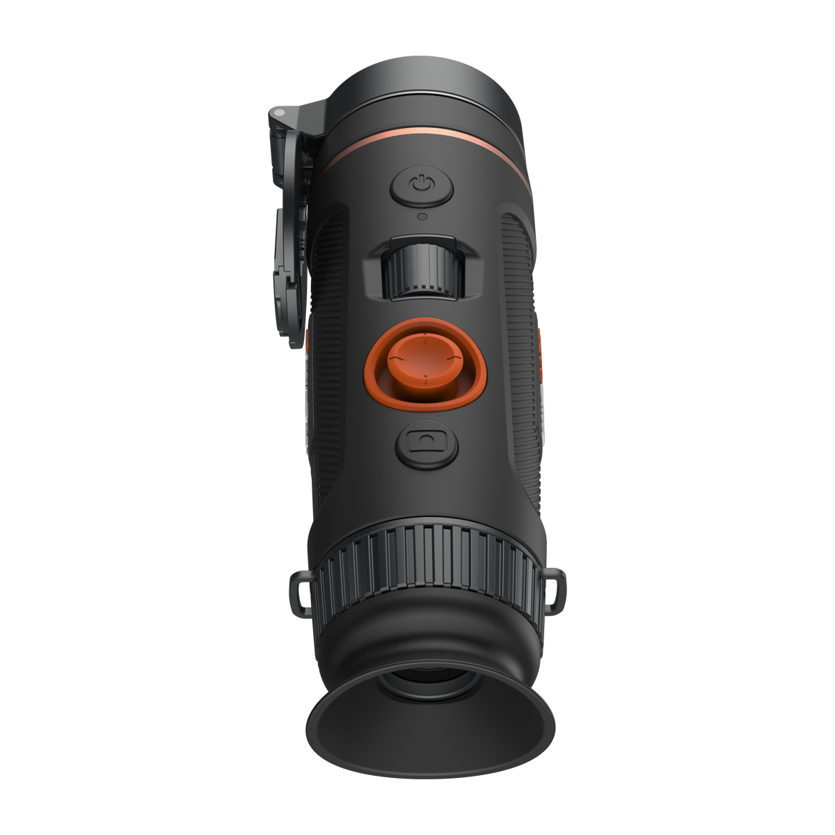 ThermTec Wild 335L thermal monocular, top view of controls with eyecup and flipped-up lens cap