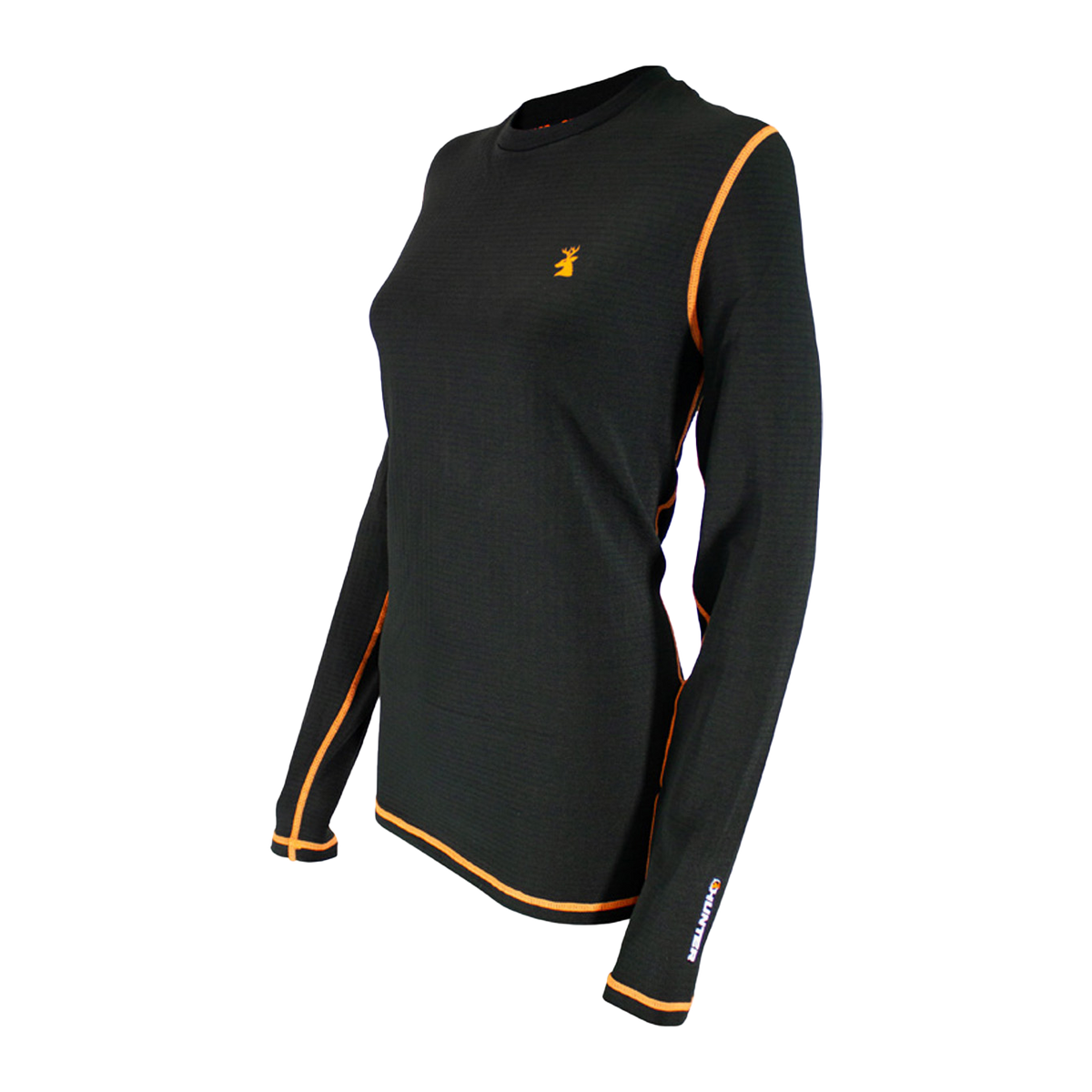 Spika ThermaFlow women's thermal top in Black, side view showing fitted cut and orange stitching