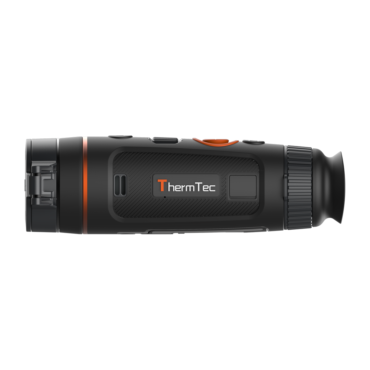 ThermTec Wild 635 thermal monocular, side profile showing the ThermTec logo and lens end