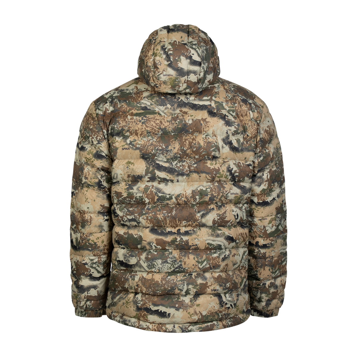 Spika Hideout men's packable puffer jacket in Biarri Camo, back view of quilted panels and hood