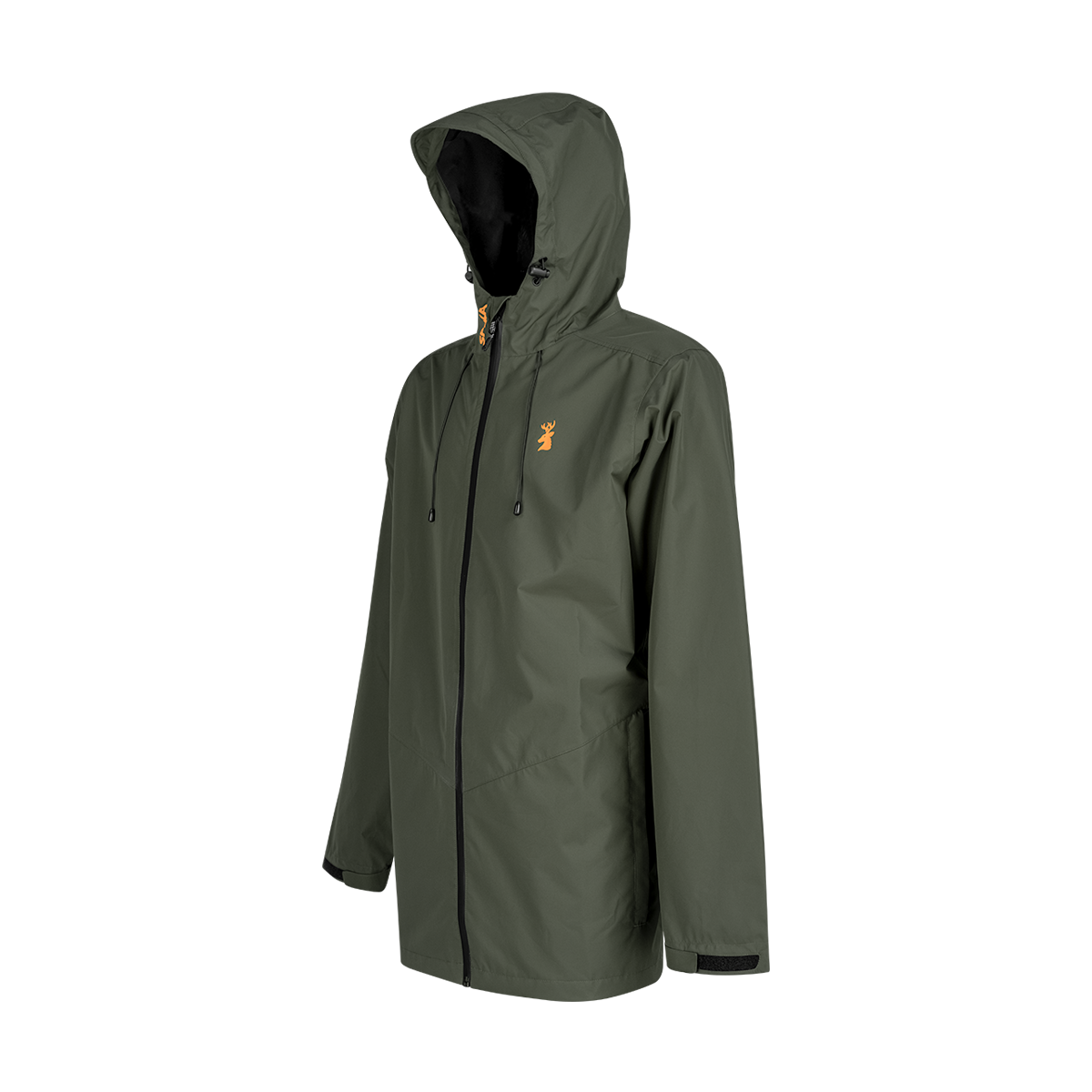 Spika Scout men's hunting jacket in Olive, three-quarter view with hood and stag chest logo