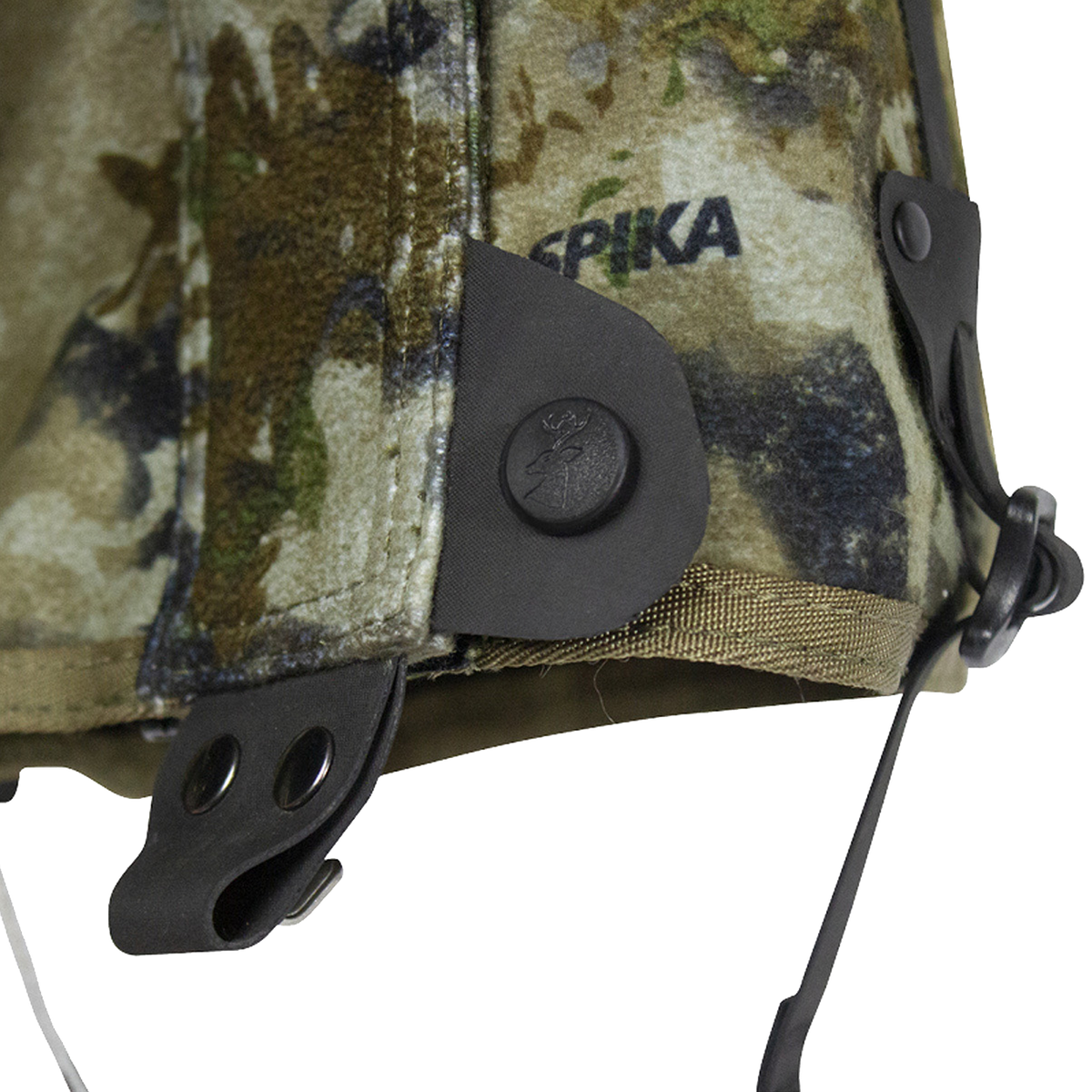Spika Ranger adult gaiter in Biarri Camo, close-up of the lower edge with lace hook and wire