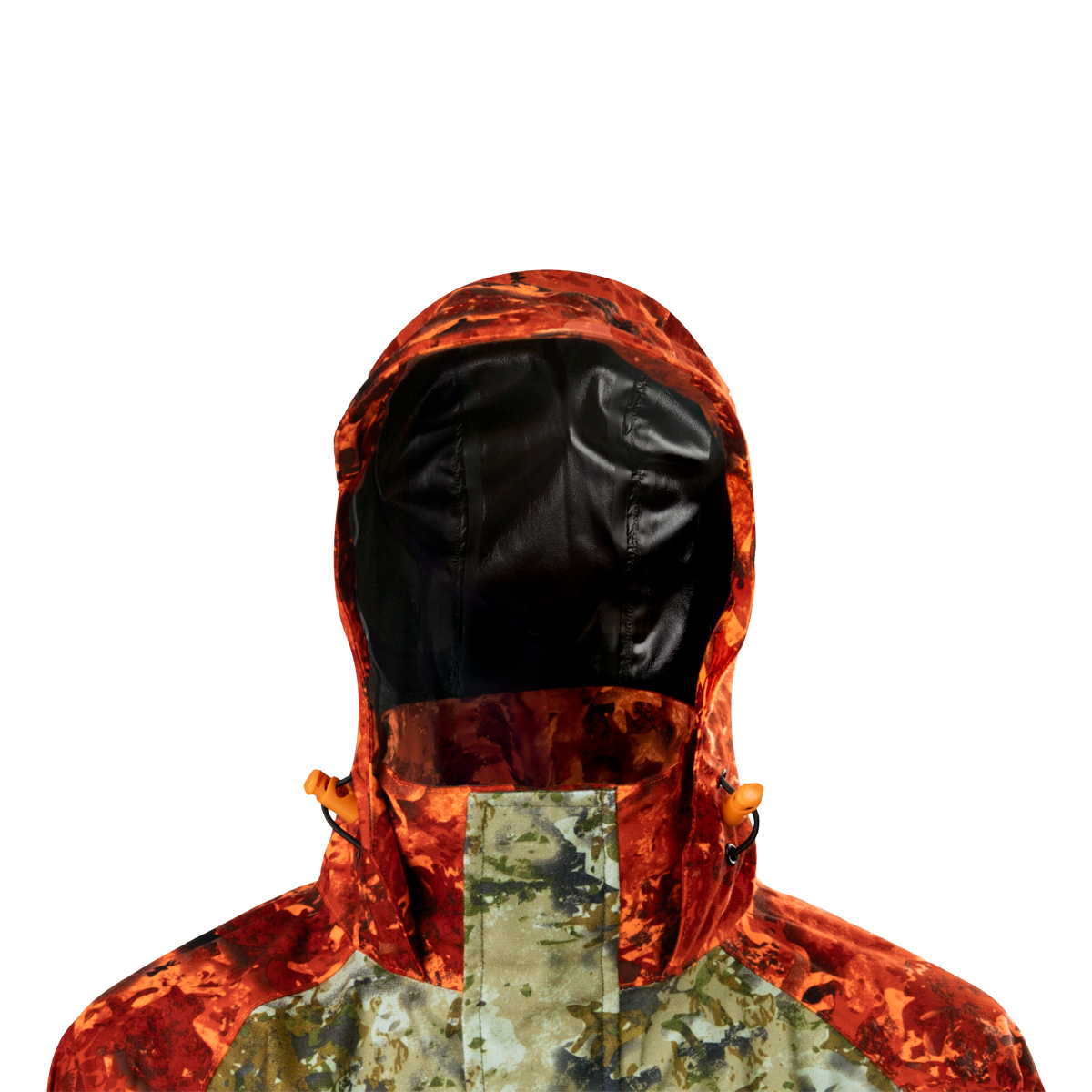 Spika Valley kids' jacket in Biarri Camo/Blaze, close-up of the blaze orange hood and drawcord toggles