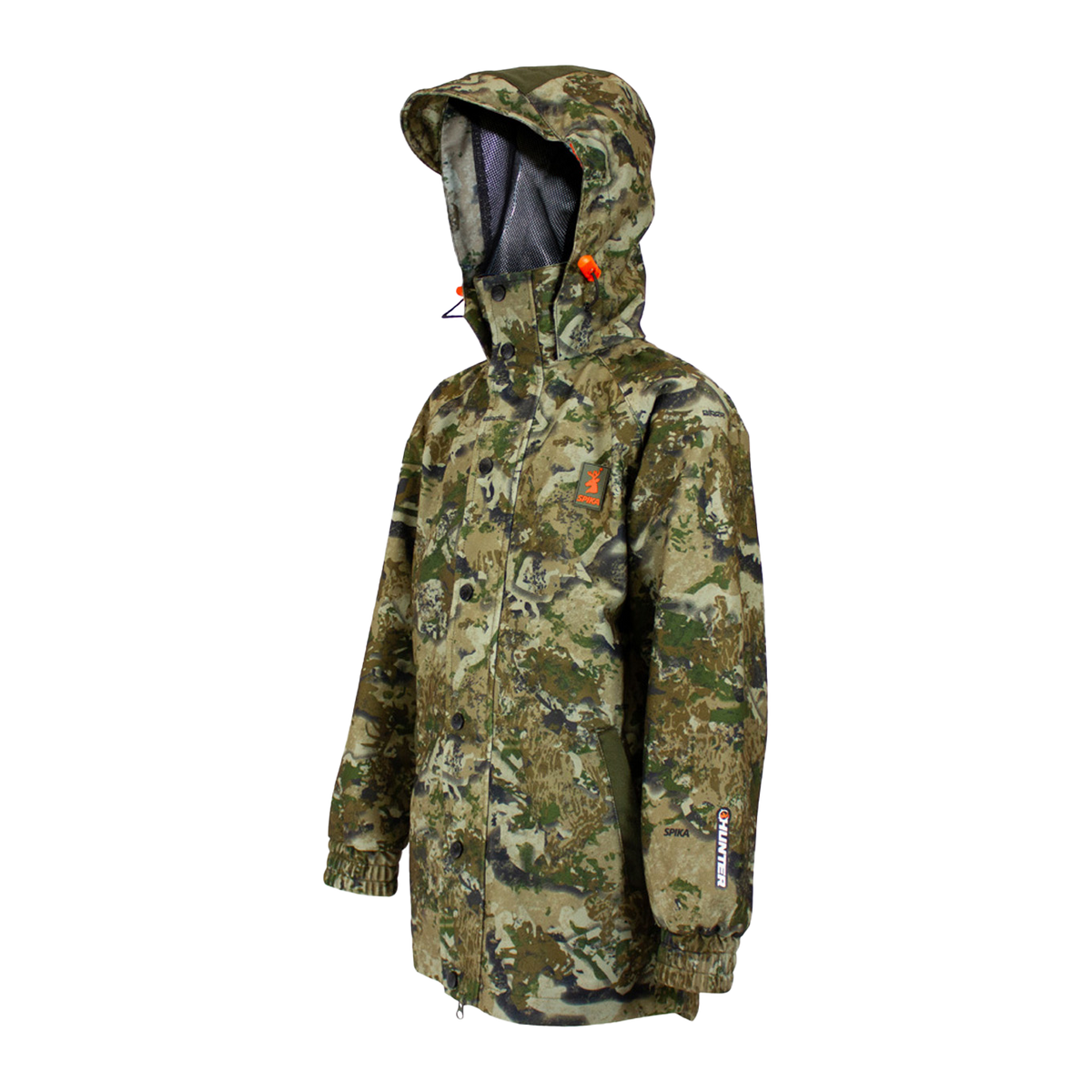 Spika Valley kids' hunting jacket in Biarri Camo, three-quarter view with hood up and orange toggles