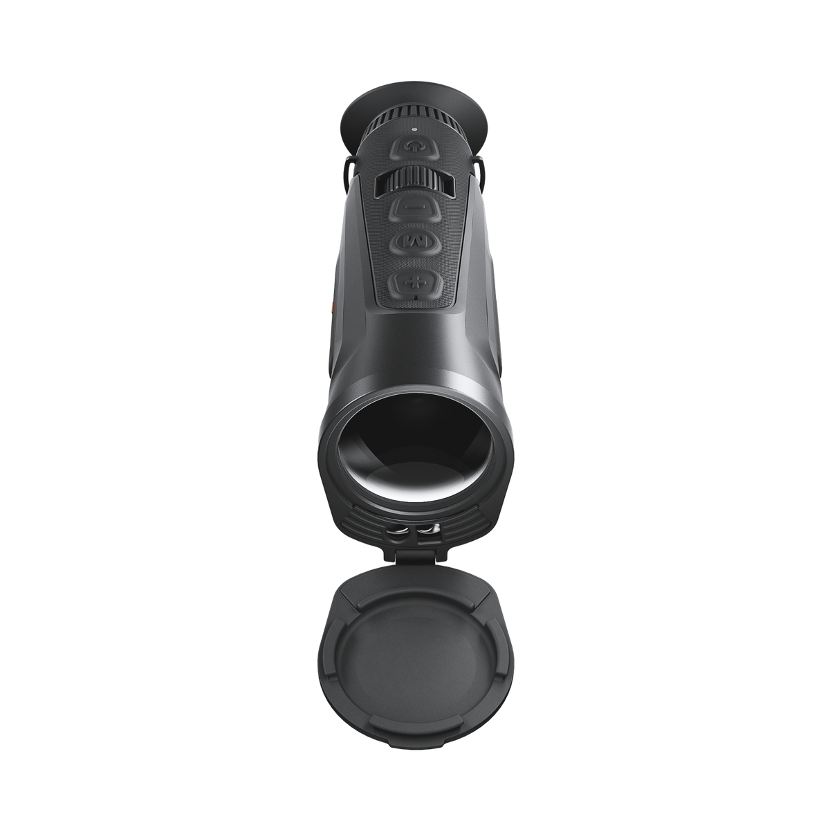 ThermTec Cyclops 335L 3.0 thermal monocular, front end-on view of objective lens with cap open