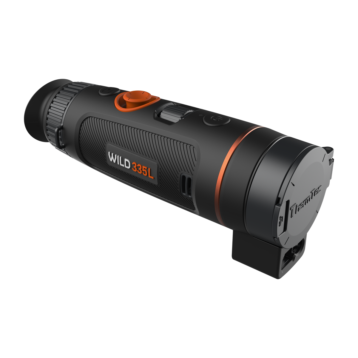ThermTec Wild 335L thermal monocular, front three-quarter view with lens cap closed and rangefinder