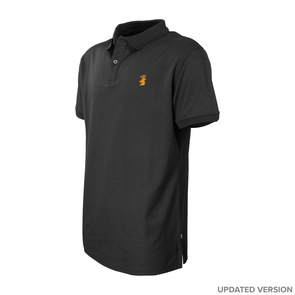 Spika GO Casual men's black polo, updated version three-quarter view with orange stag chest logo