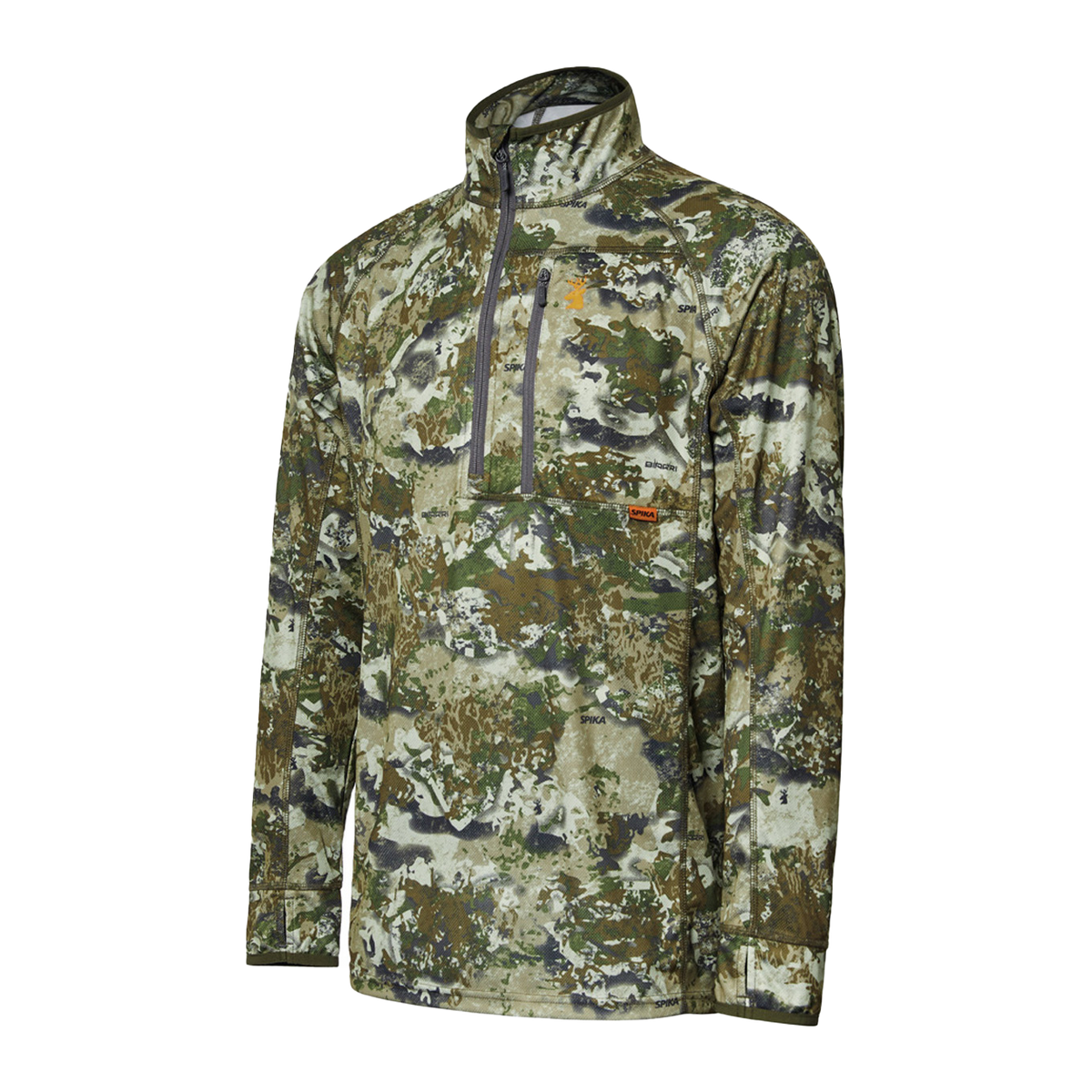 Spika Guide men's lightweight half-zip hunting top in Biarri Camo, three-quarter view