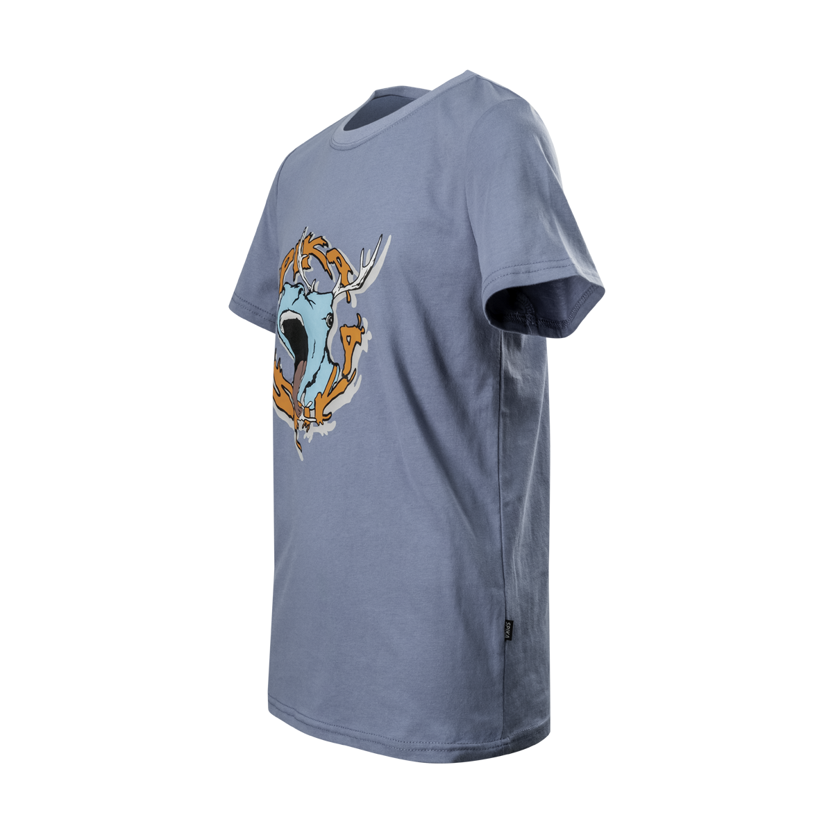 Spika GO Rogue kids' blue T-shirt, three-quarter side view with roaring stag SPIKA print
