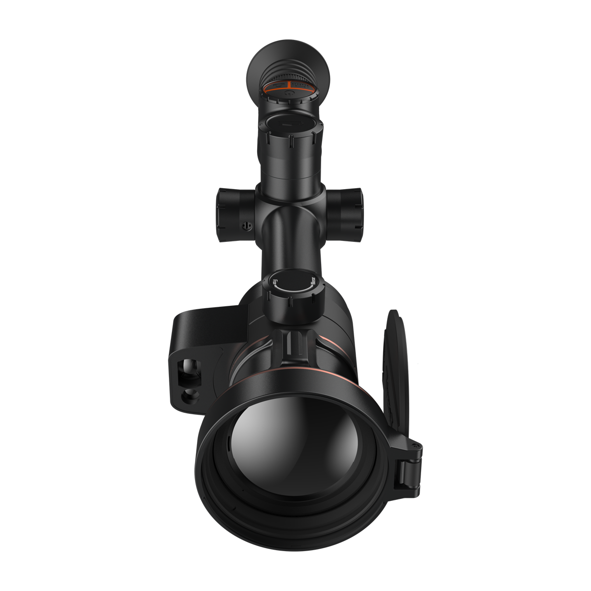 ThermTec Ares-LRF 360L 2.0 thermal tube scope, front end-on view of lens and rangefinder module