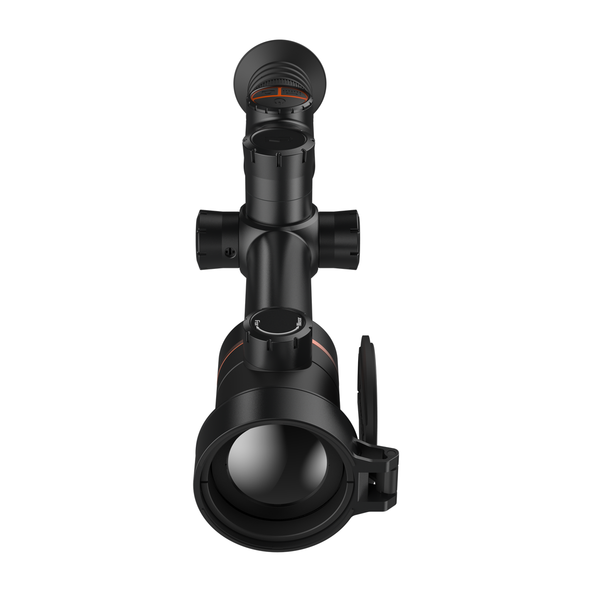 ThermTec Ares 650 2.0 thermal tube scope in black, front end-on view of objective lens and flip cap