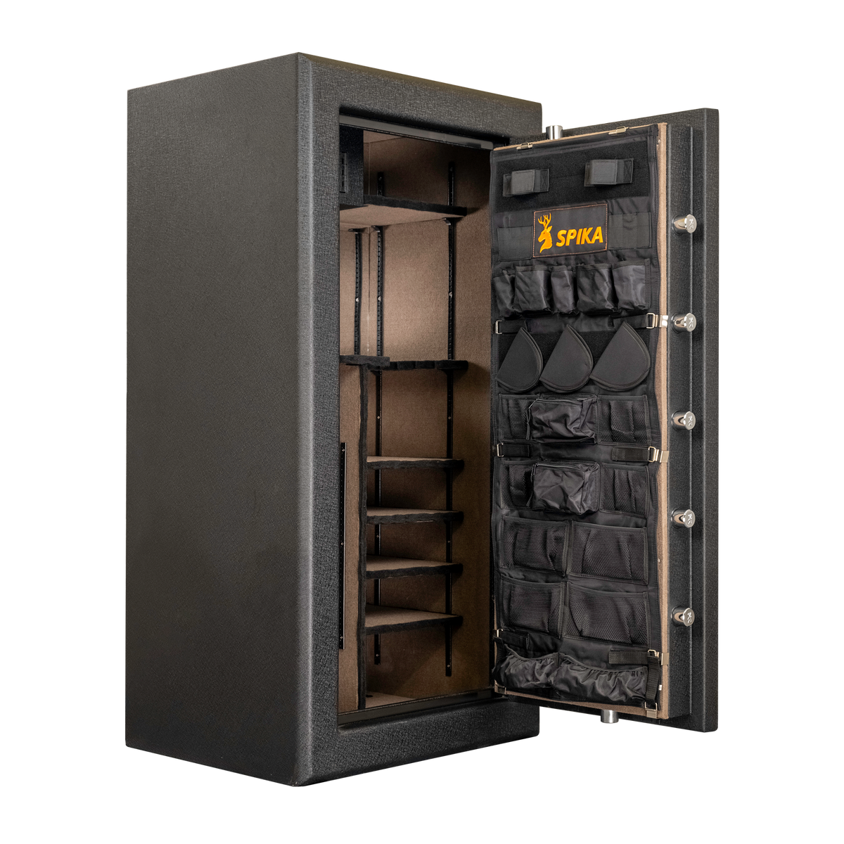 Spika SPFB premium safe open at an angle showing shelves and Spika door organiser