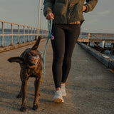 Woman walking a dog on a jetty wearing Spika GO Ember women's black leggings