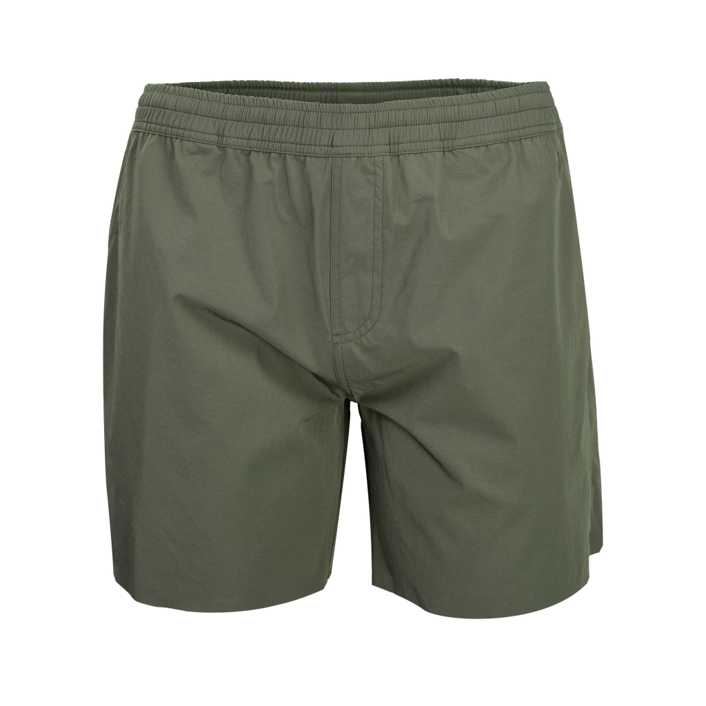 Spika GO Arid men's quick dry shorts in olive, front view with elastic waistband and fly