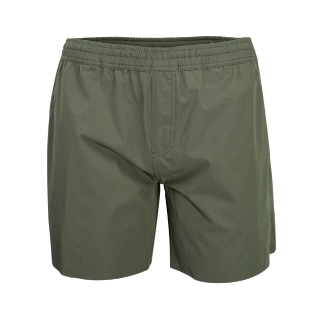 Spika GO Arid men's quick dry shorts in olive, front view with elastic waistband and fly