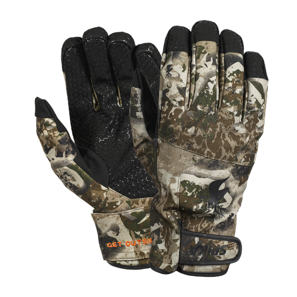 Spika Arctic men's hunting gloves in Biarri Camo, pair showing grippy black palm and back of hand